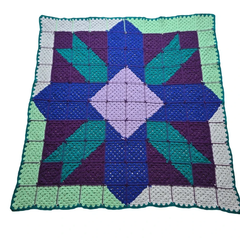 Handmade Crochet Granny Square Lap Blanket Star Pattern Boho Throw 43x43 - Picture 1 of 10